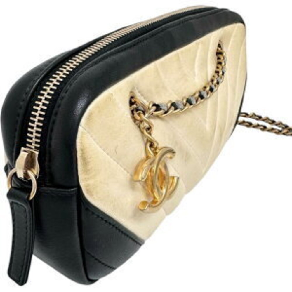 Chanel Black White Shoulder Stitch circa Leather Chain Bag V